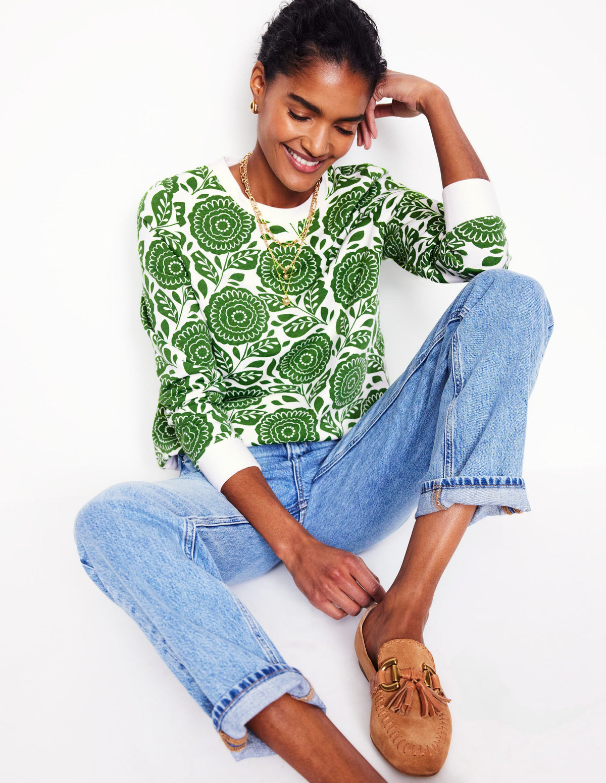Hannah Printed Sweatshirt-Paradise Green, Dahlia stamp - Image 1