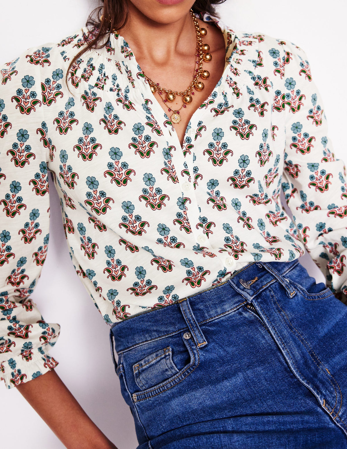 Fay Smocked Jersey Shirt-Ivory Pansy Stamp - Image 2