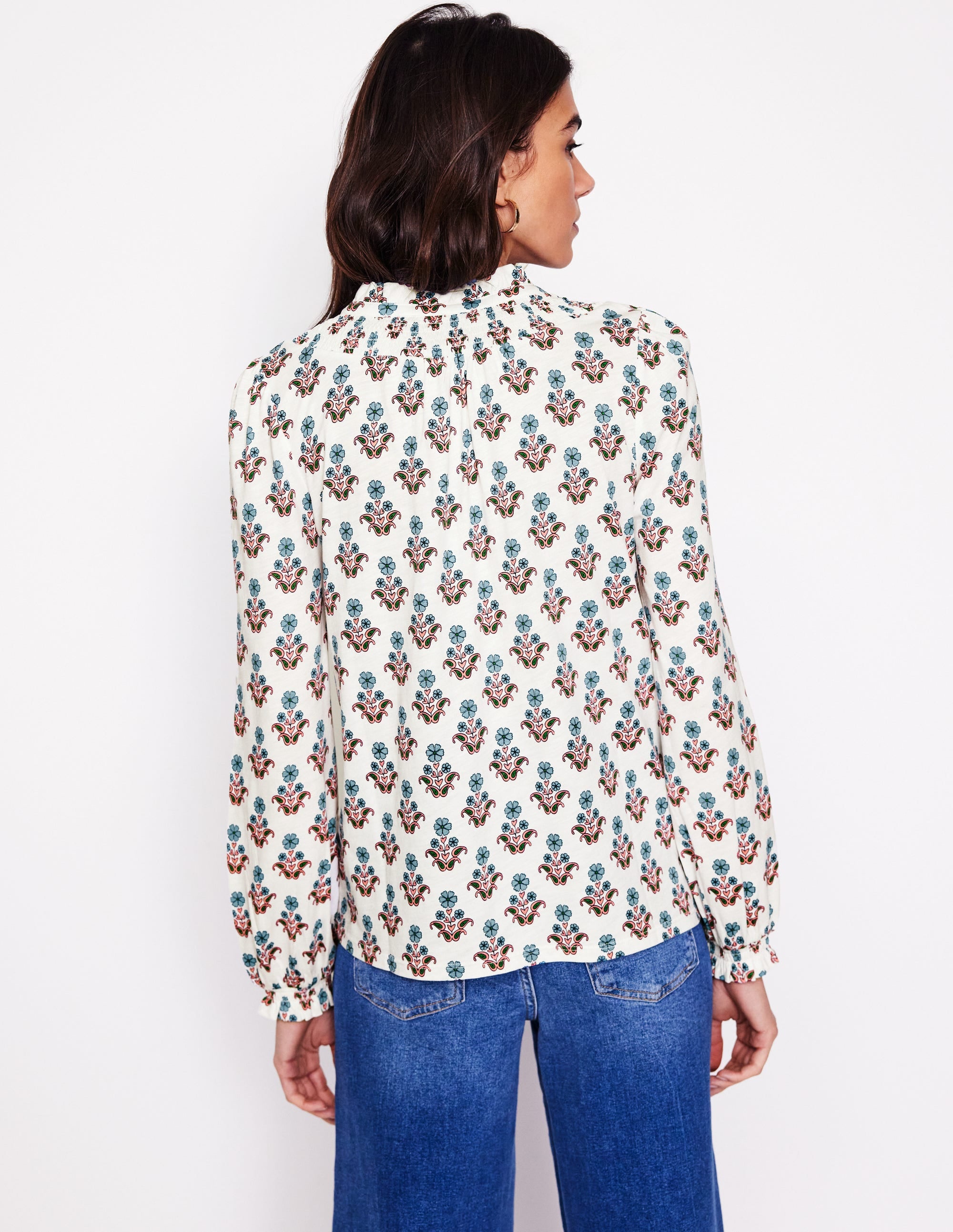 Fay Smocked Jersey Shirt-Ivory Pansy Stamp - Image 3