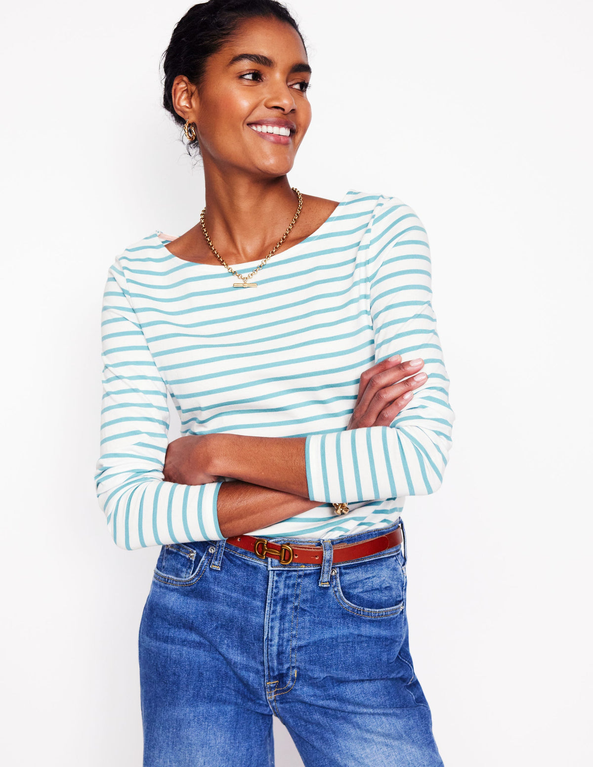 Ella Long Sleeve Breton-Ivory, Duck Egg Blue - Image 1