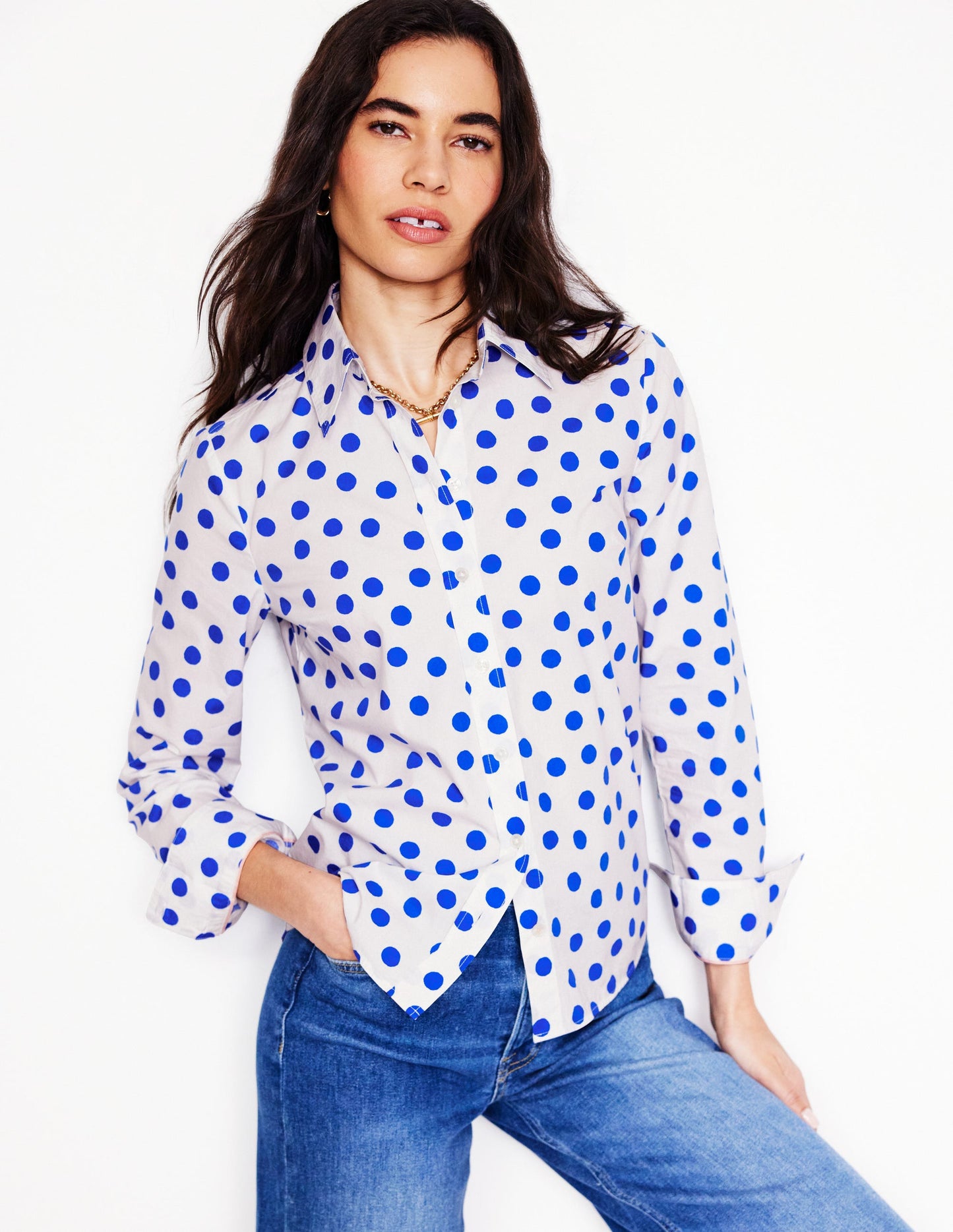 Sienna Cotton Shirt-Ivory, Blue Abstract Dot