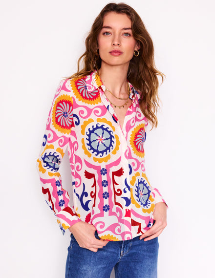 Sienna Silk Shirt-Multi, Ornamental Wave