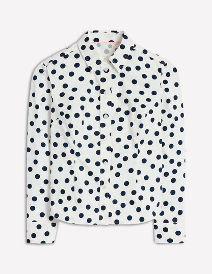 Saskia Stretch Cotton Shirt-Ivory and Navy, Abstract Dot-5