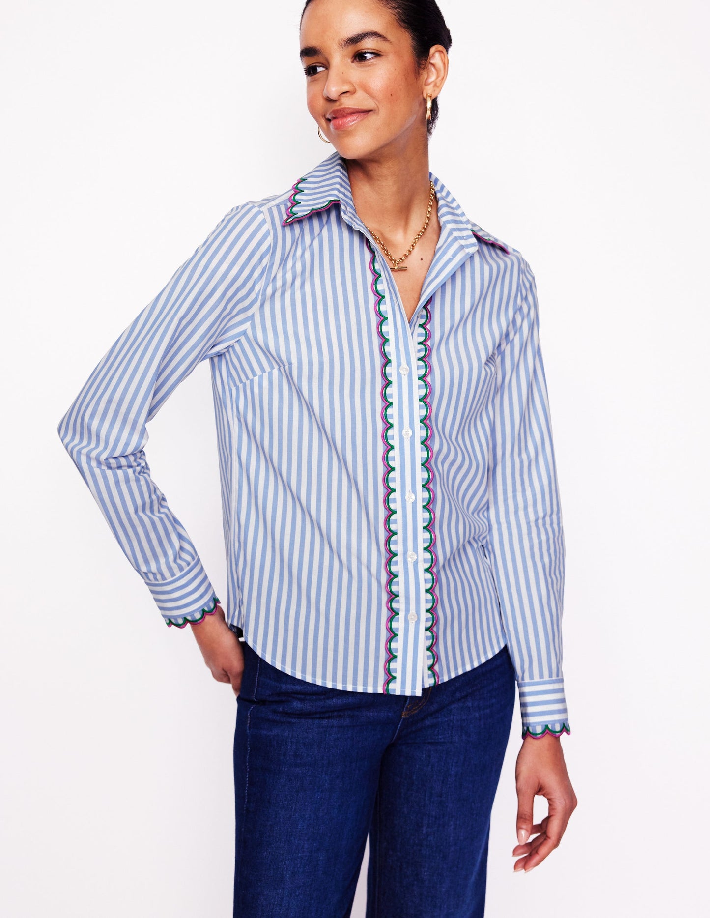 Sienna Embroidered Shirt-Multi, Blue and Ivory Stripe