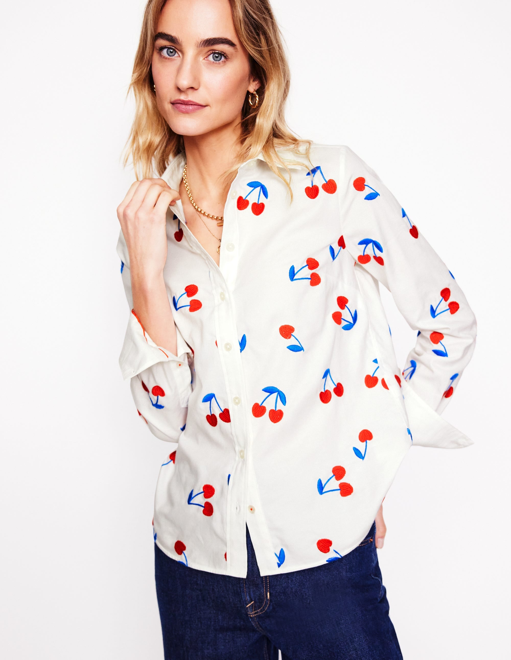 Sienna Interest Cotton Shirt-White, Cherries - Image 1