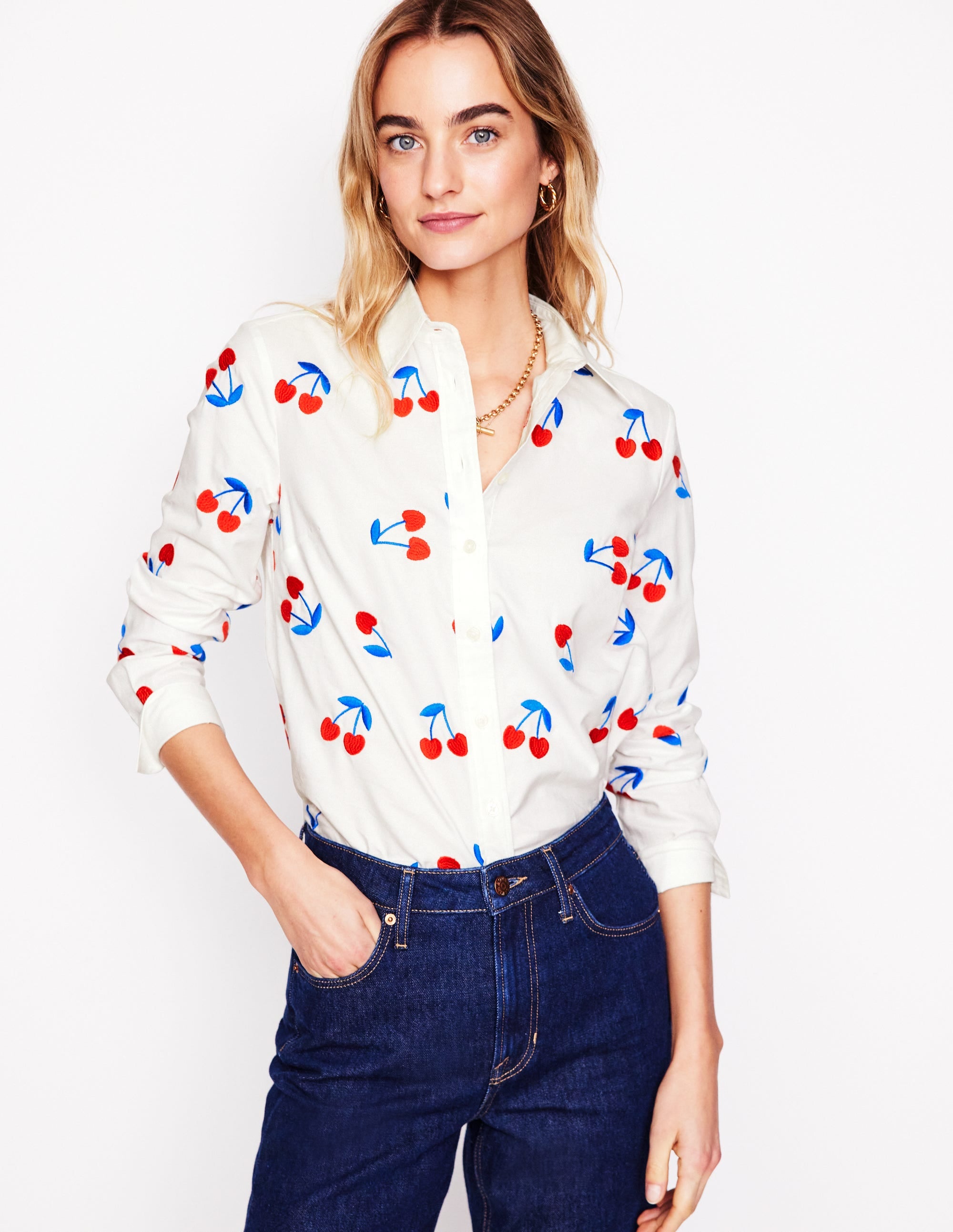 Sienna Interest Cotton Shirt-White, Cherries - Image 4
