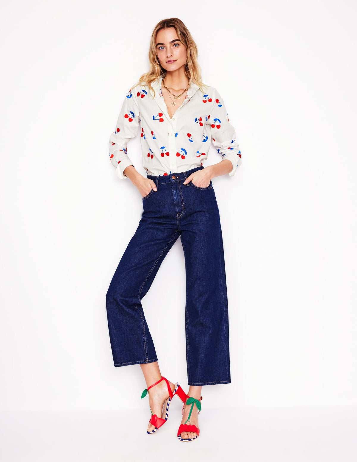 Sienna Interest Cotton Shirt-White, Cherries - Image 5