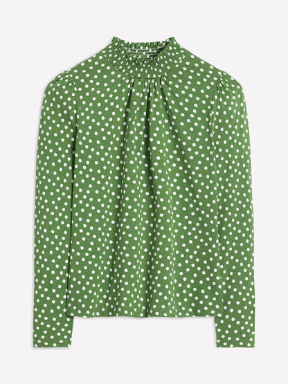 Smocked Neck Printed Top-Promenade Green, Abstract Dot