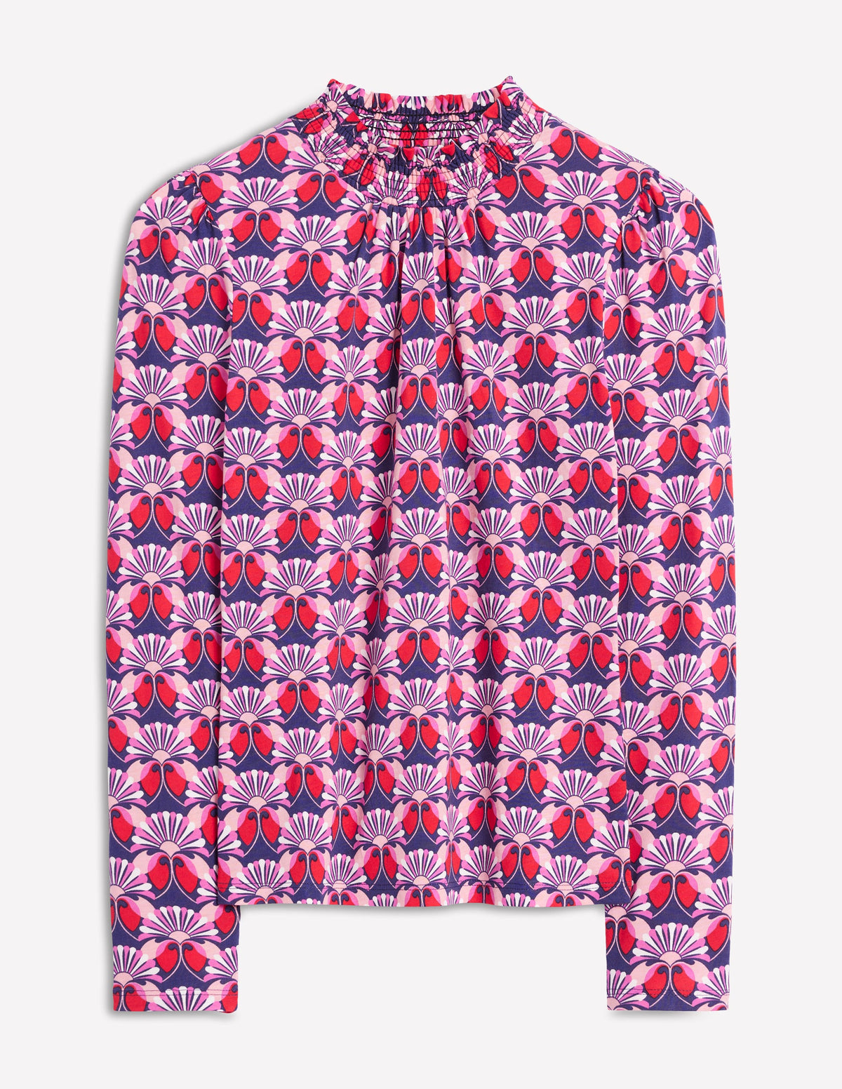Smocked Neck Printed Top-Poppy Red, Daisy Bloom Geo - Image 5