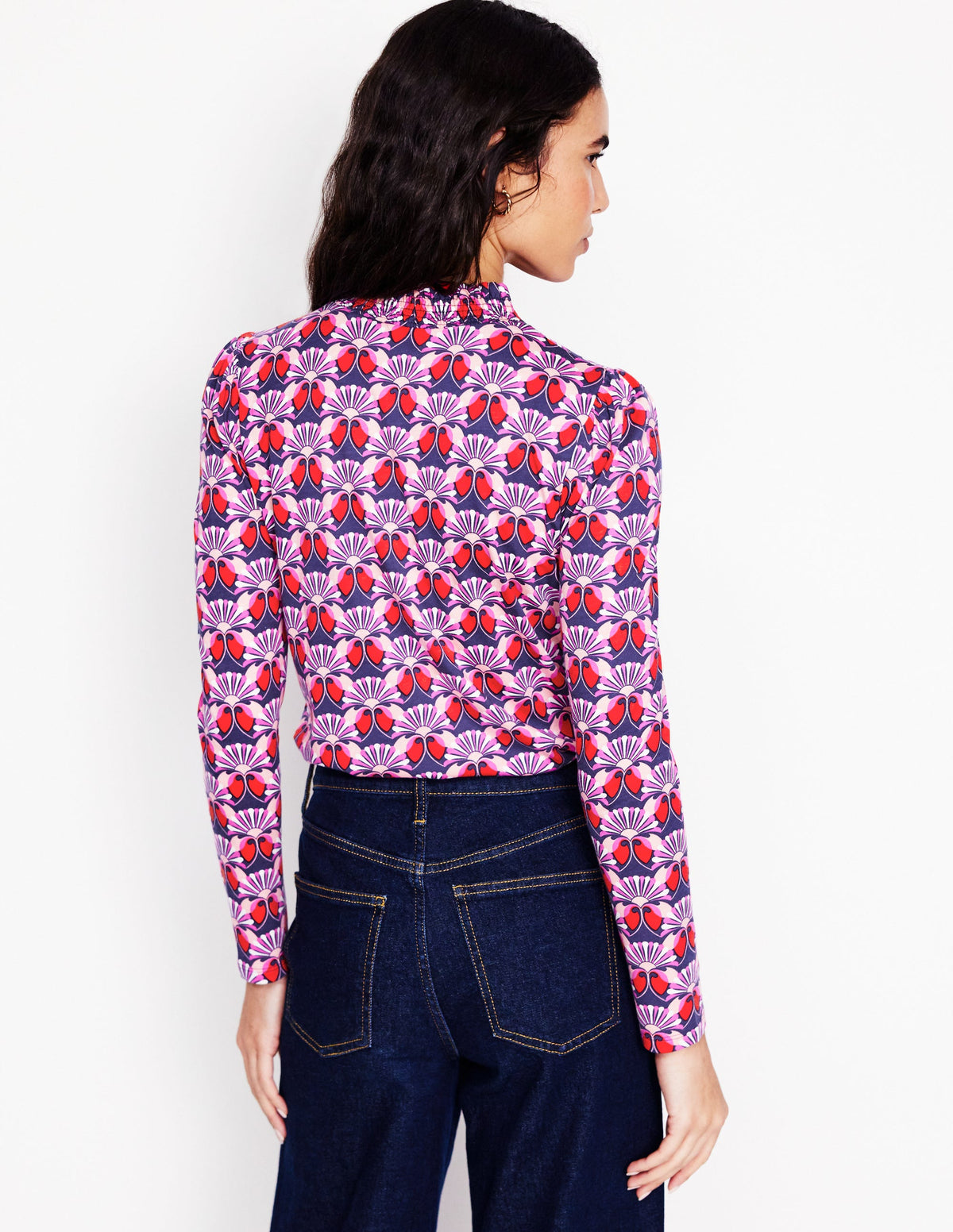 Smocked Neck Printed Top-Poppy Red, Daisy Bloom Geo - Image 3