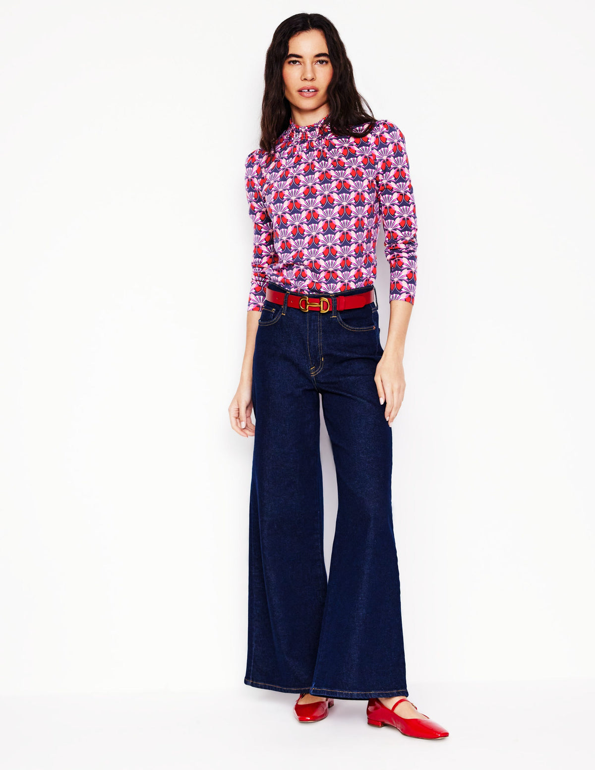Smocked Neck Printed Top-Poppy Red, Daisy Bloom Geo - Image 4