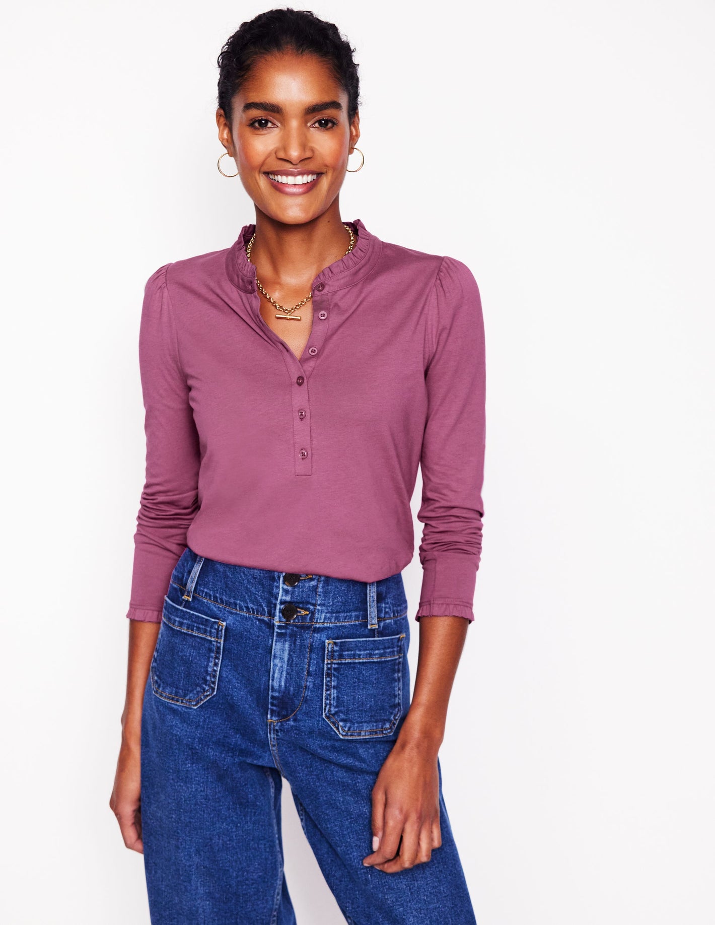 Supersoft Frill Henley Top-Purple Damson