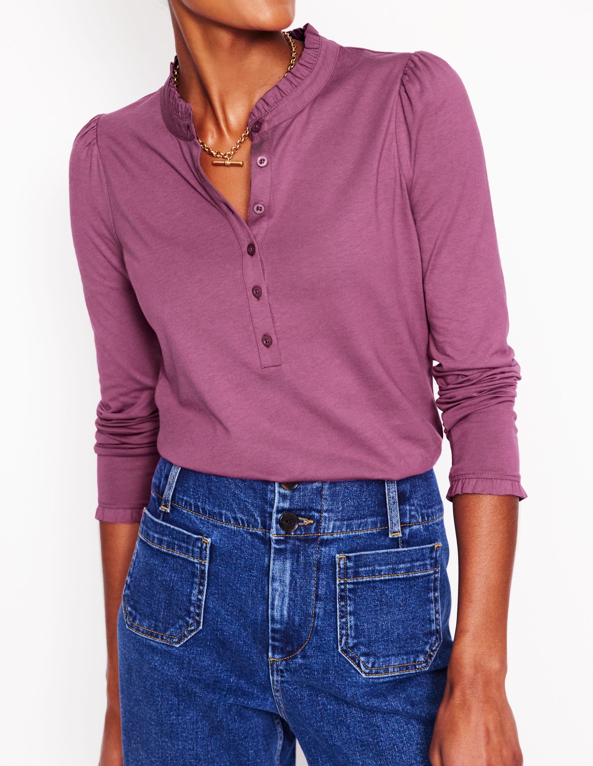 Supersoft Frill Henley Top-Purple Damson-2