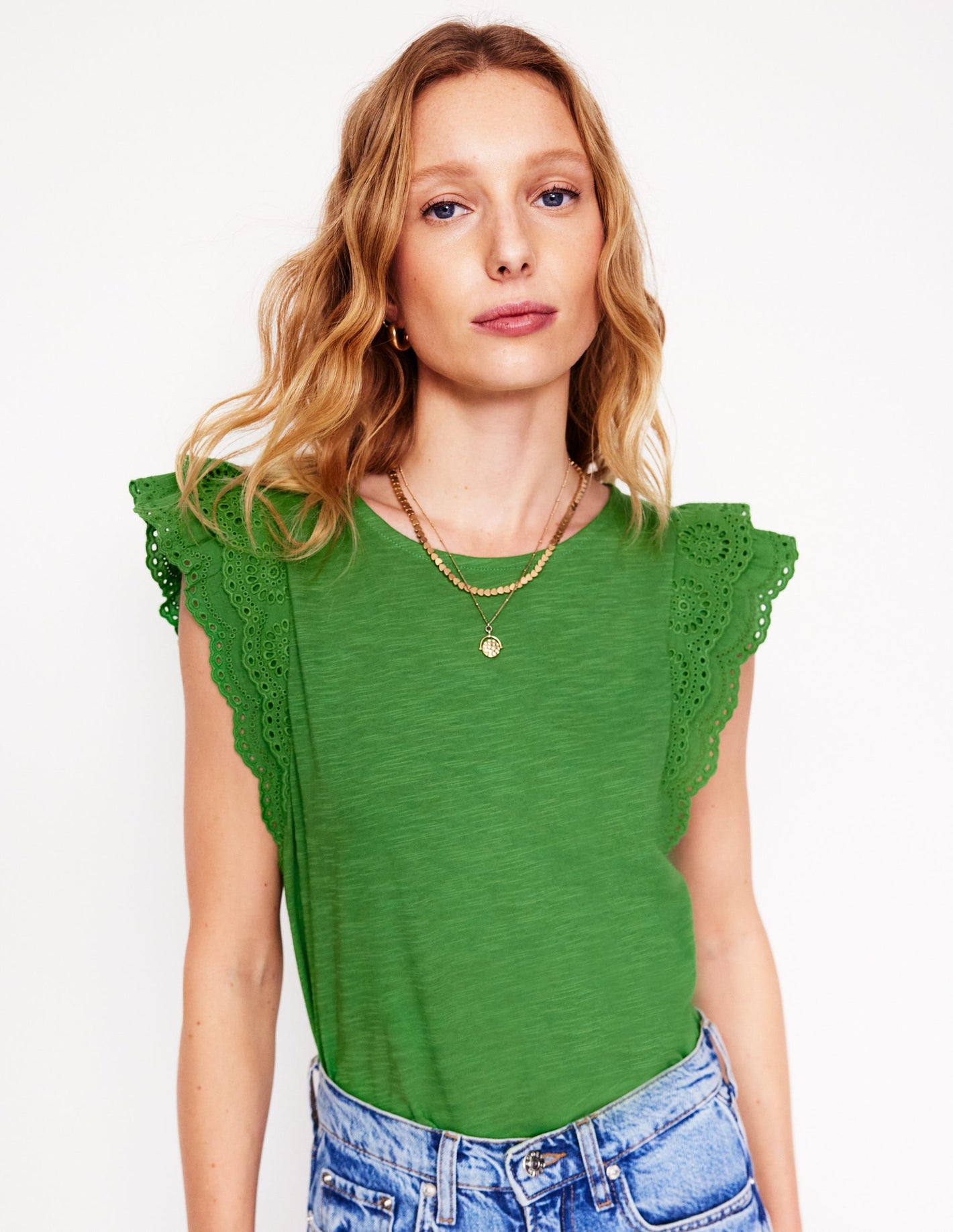 Belle Broderie Sleeve Top-Paradise Green