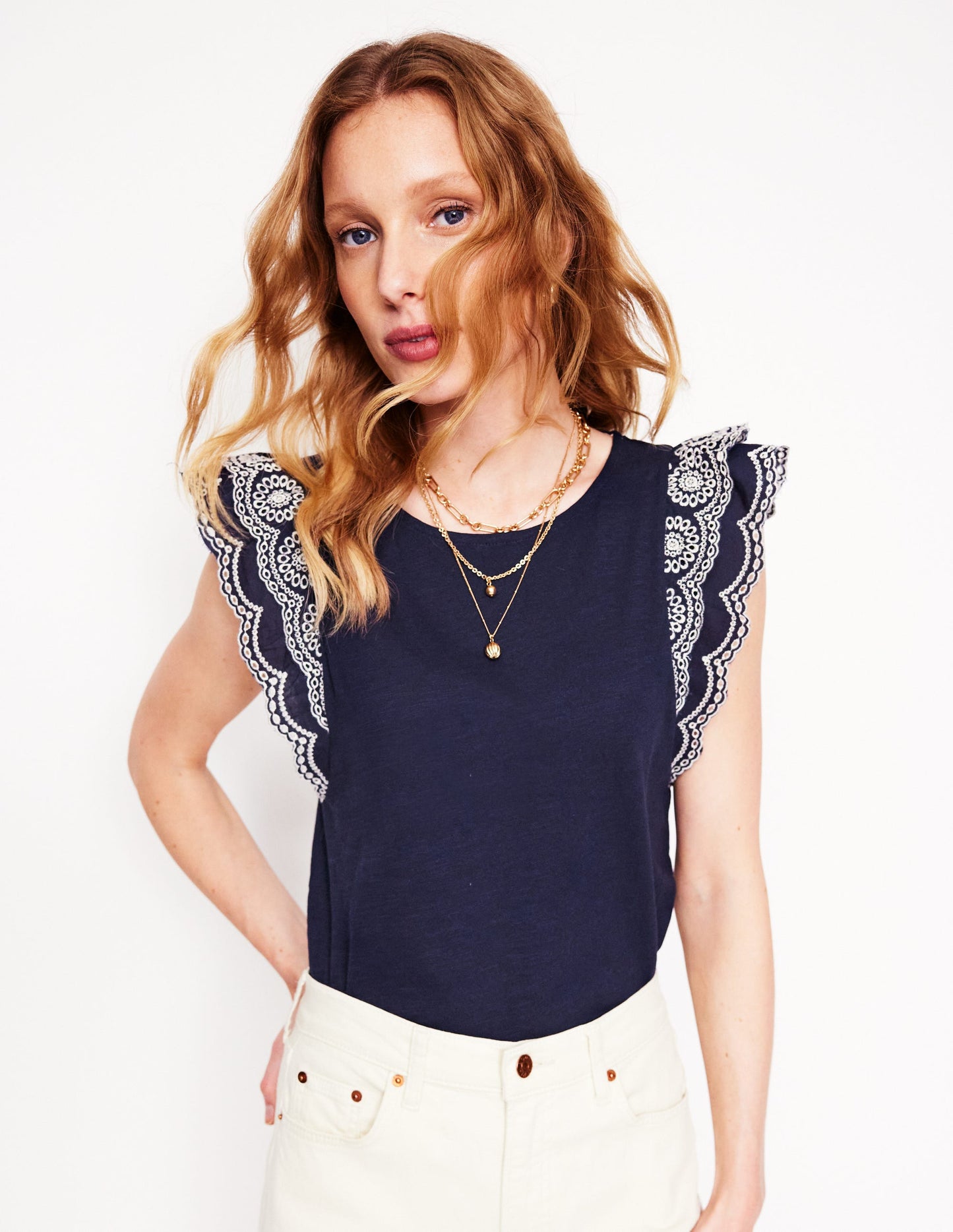 Belle Broderie Sleeve Top-Navy