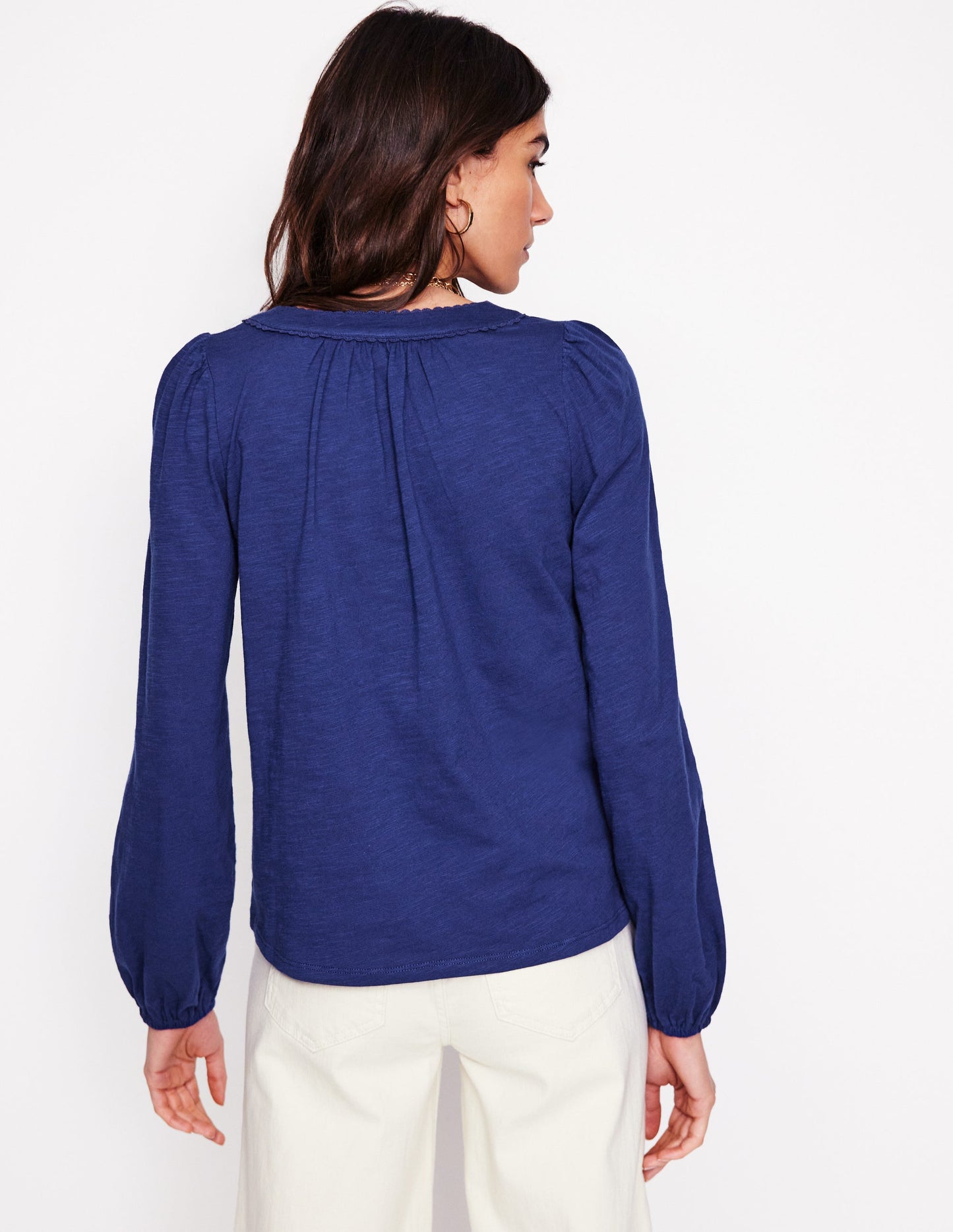 Ava Long Sleeve Trim Top-Starboard Blue