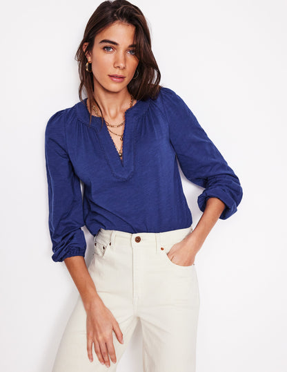 Ava Long Sleeve Trim Top-Starboard Blue