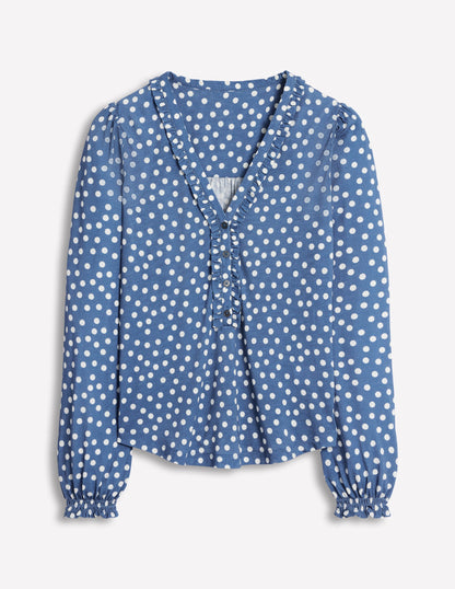 Poppy Ruffled Henley Top-Blue River, Abstract Spot