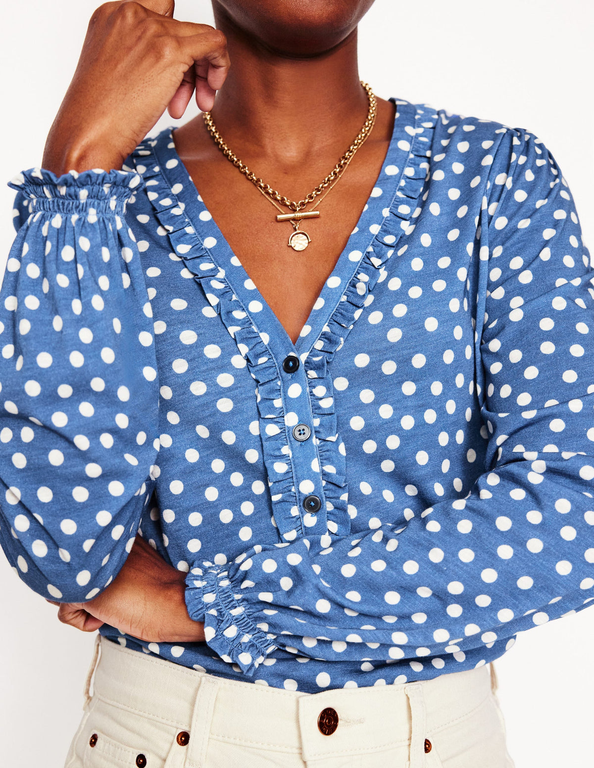 Poppy Ruffled Henley Top-Blue River, Abstract Spot - Image 2