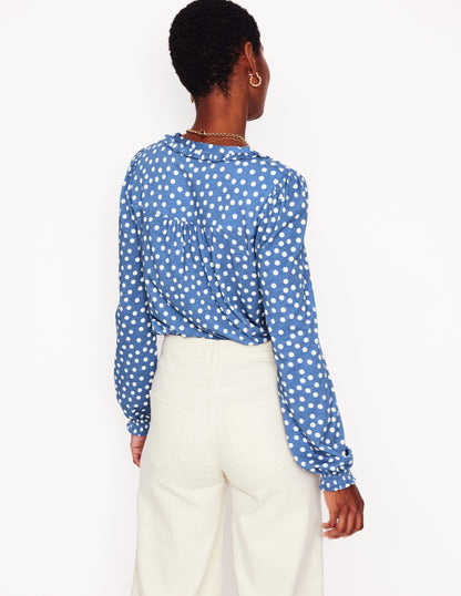 Poppy Ruffled Henley Top-Blue River, Abstract Spot