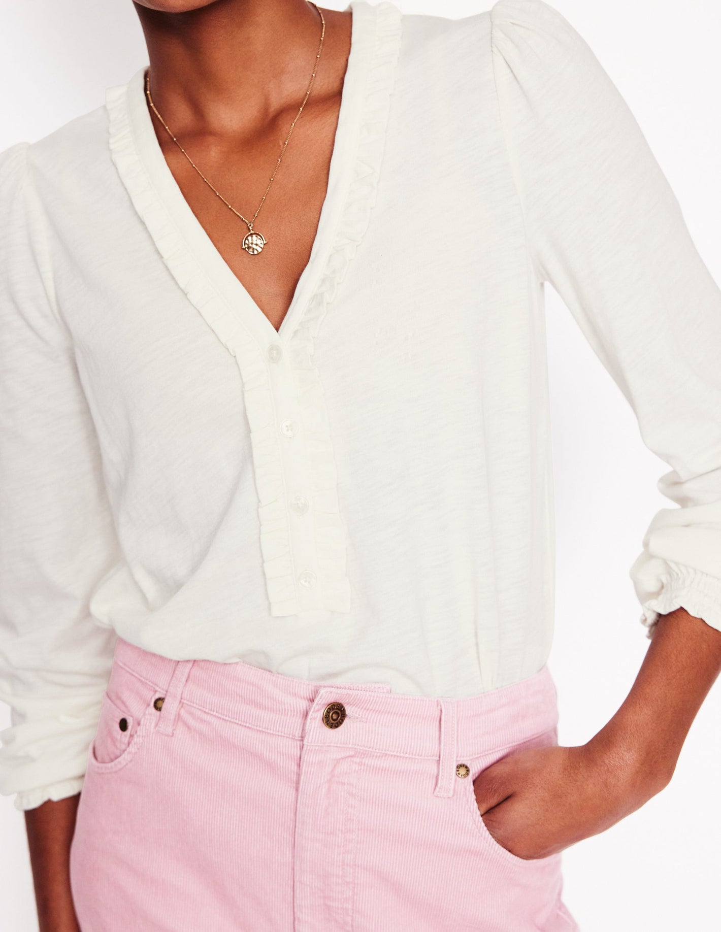 Poppy Ruffled Henley Top-Ivory