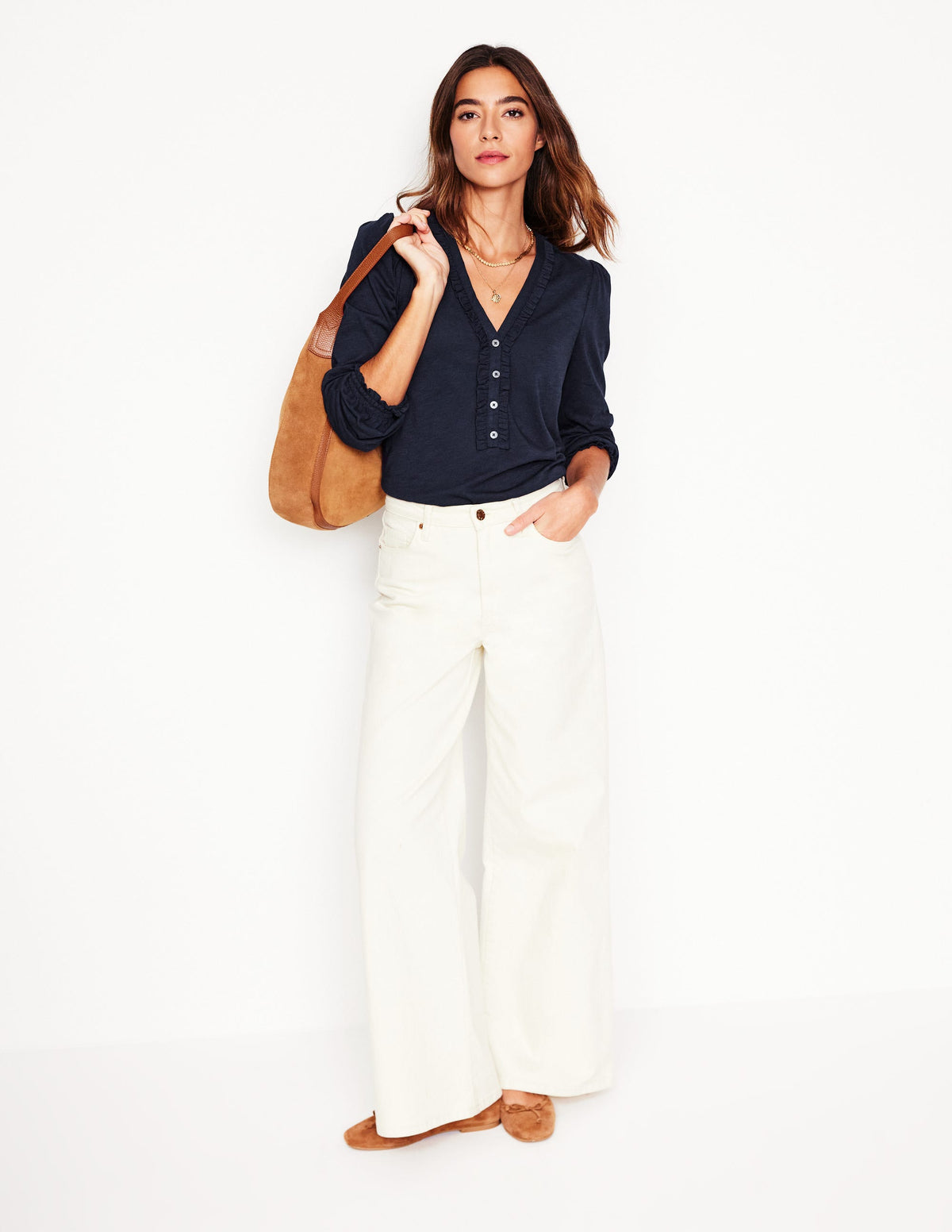 Poppy Ruffled Henley Top-Navy - Image 4
