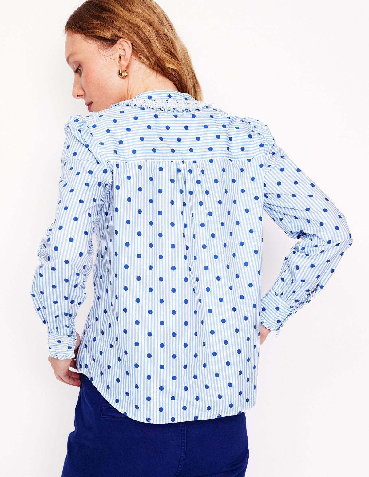 Smocked Neck Shirt-Forget Me Not Blue Fine Stripe - Image 3