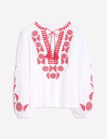 Nia Embroidered Top-White, Berry Red