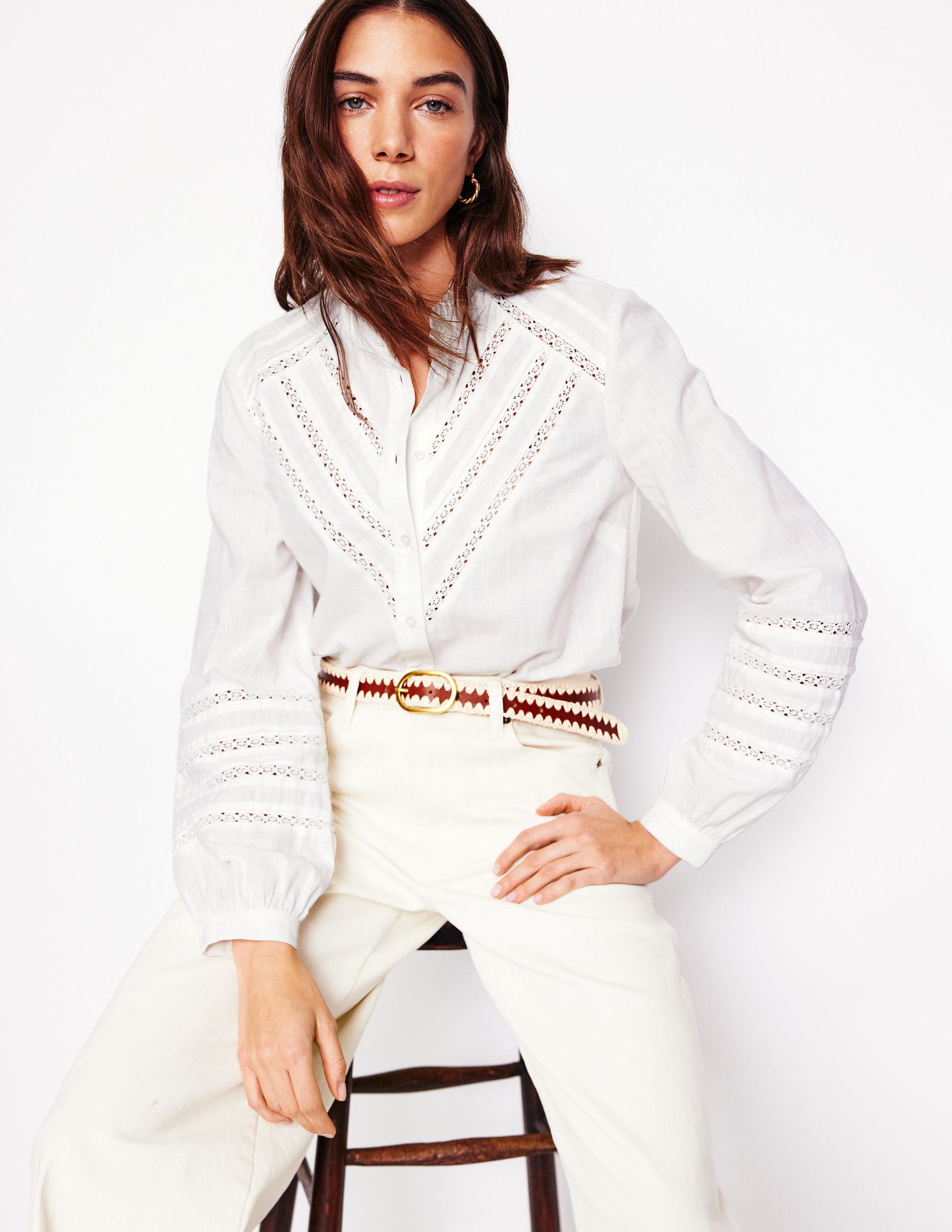 Lace Trim Cotton Blouse-White-1