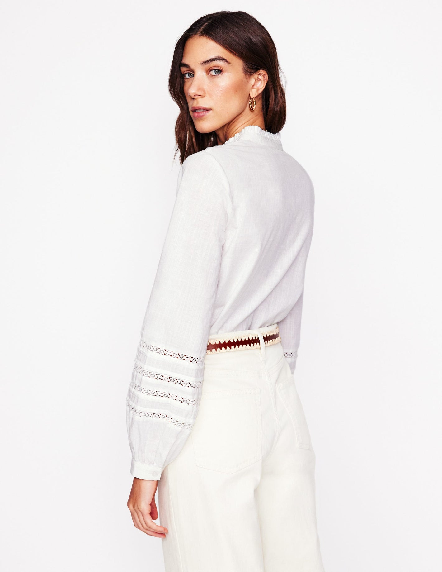 Lace Trim Cotton Blouse-White