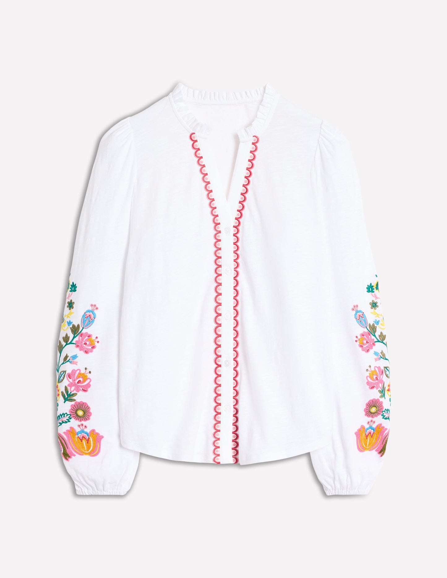 Embroidered Frill Neck Blouse-White, Multi Floral Embroidery