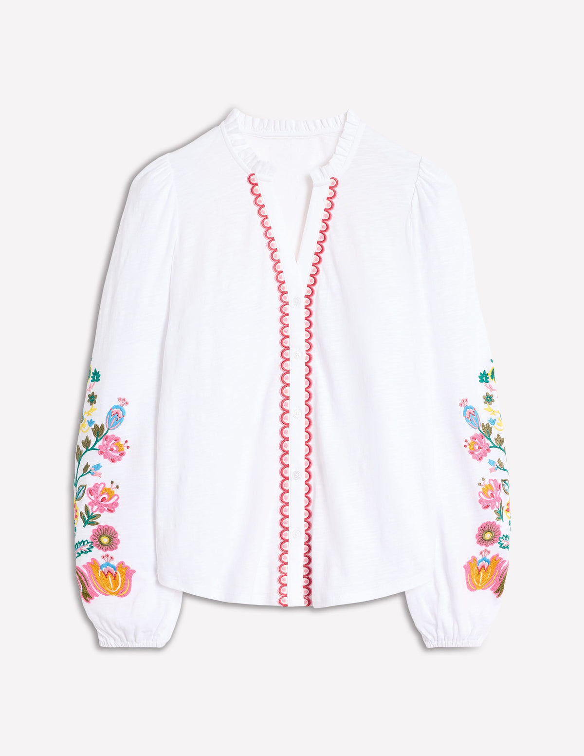 Embroidered Frill Neck Blouse-White, Multi Floral Embroidery - Image 5