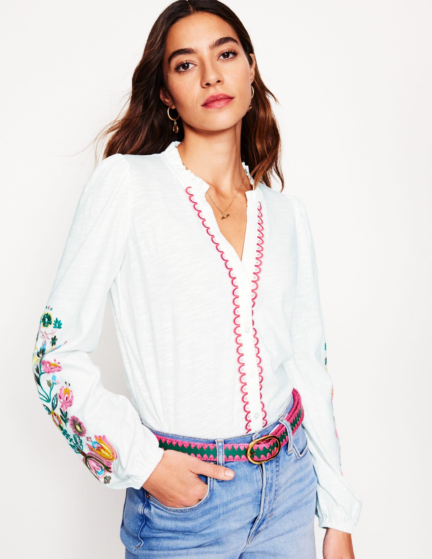 Embroidered Frill Neck Blouse-White, Multi Floral Embroidery