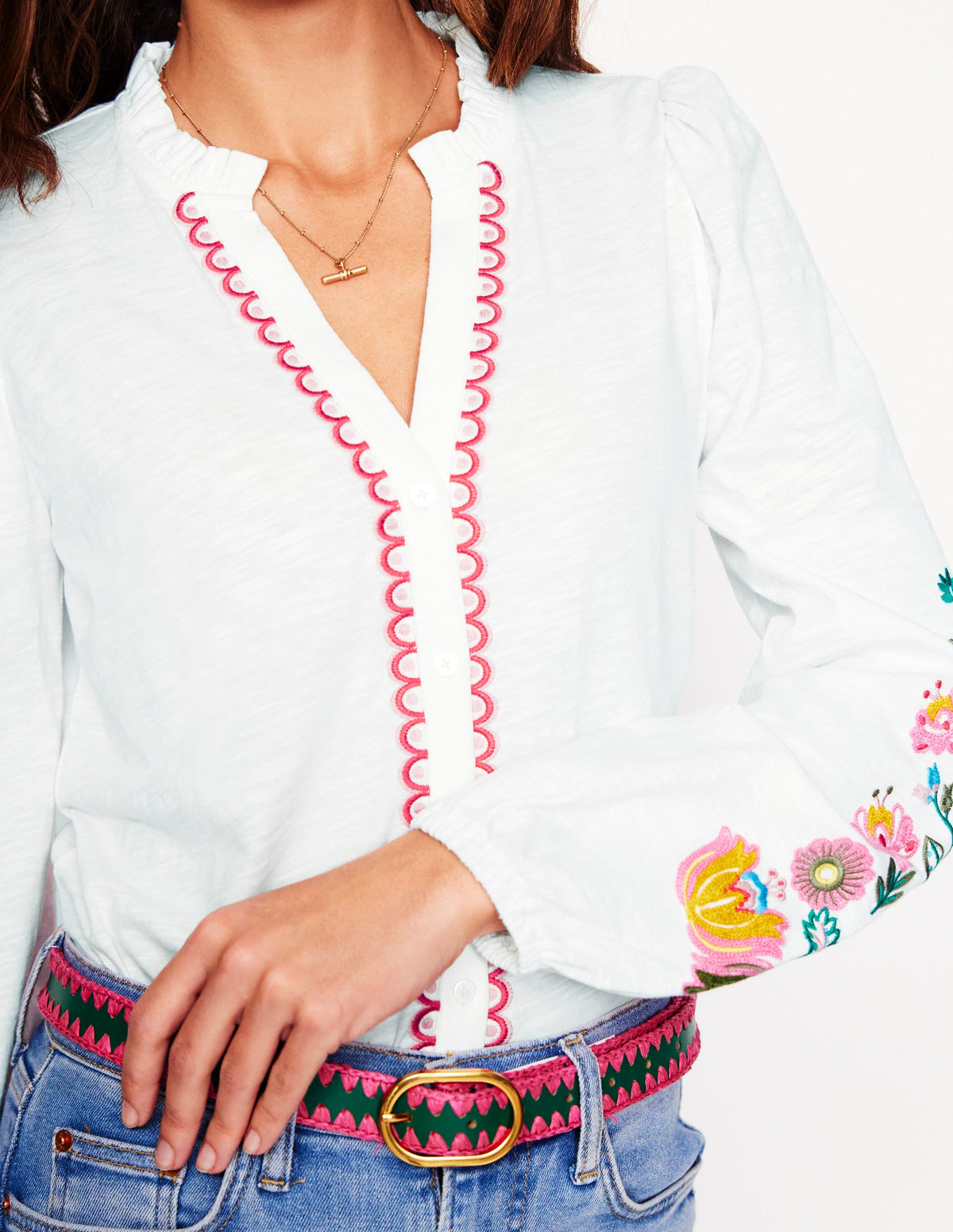 Embroidered Frill Neck Blouse-White, Multi Floral Embroidery - Image 2