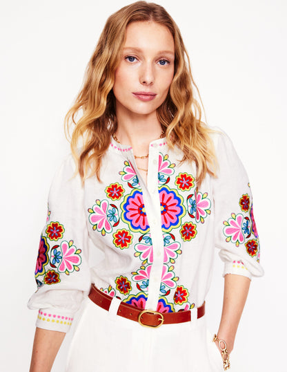 Alicia Linen Top-White, Floral Embroidery