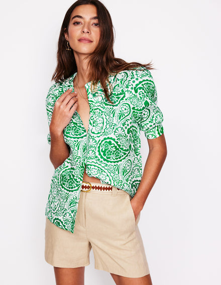 Bea Linen Top-Rich Emerald, Meadow Paisley