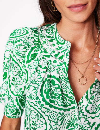 Bea Linen Top-Rich Emerald, Meadow Paisley