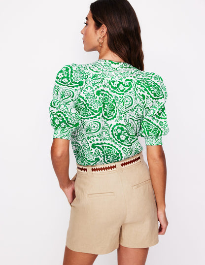 Bea Linen Top-Rich Emerald, Meadow Paisley