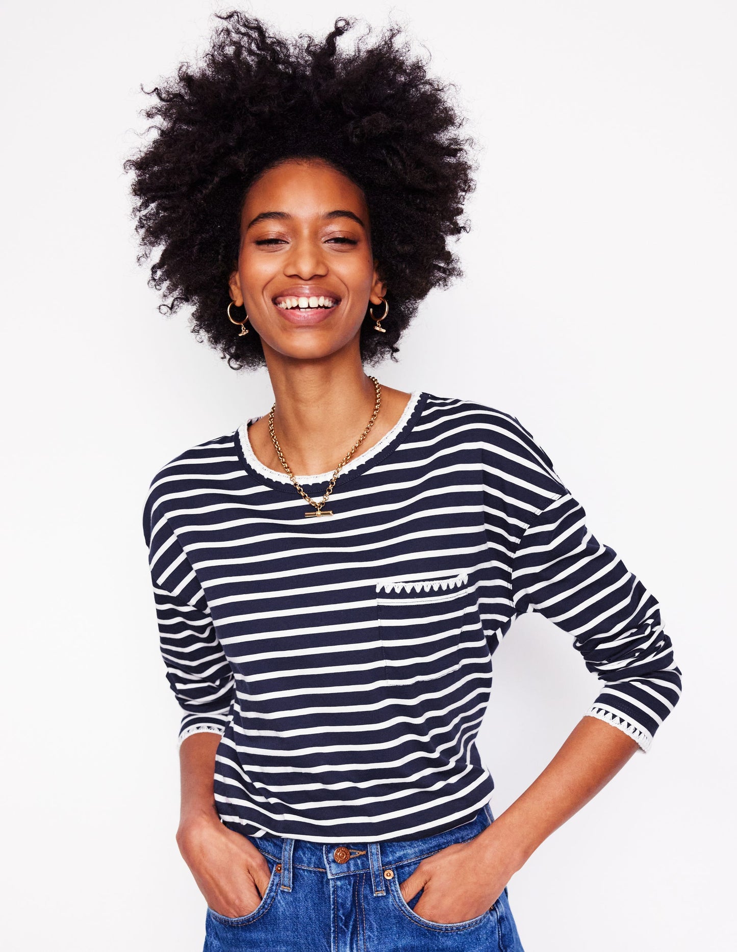 Blanket Stitch Boxy Top-Navy, Ivory