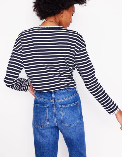 Blanket Stitch Boxy Top-Navy, Ivory