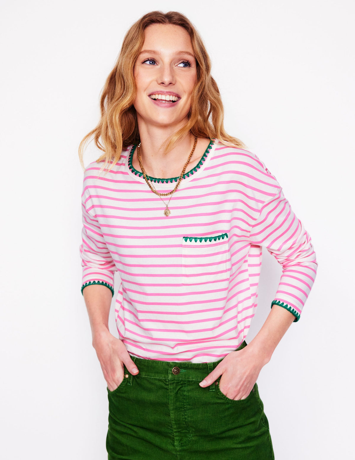 Blanket Stitch Boxy Top-Ivory, Pink Rose - Image 1