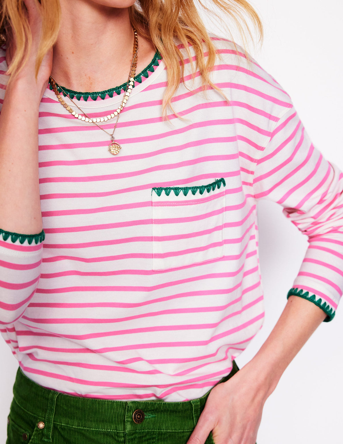 Blanket Stitch Boxy Top-Ivory, Pink Rose - Image 2