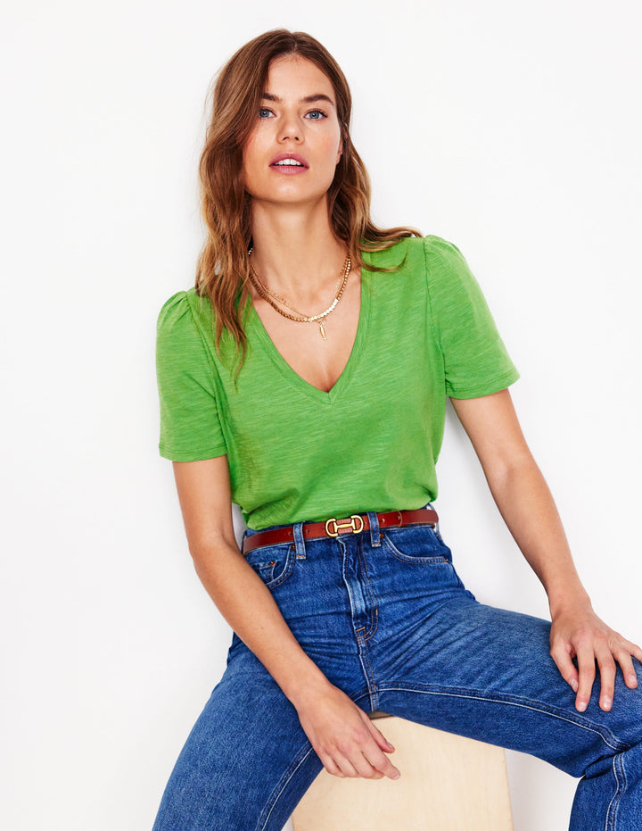V Neck Slub T-shirt-Paradise Green