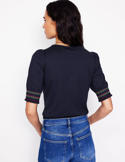 Short Sleeve Smocked Cuff Top-Navy