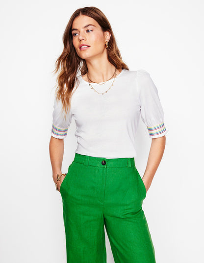 Short Sleeve Smocked Cuff Top-White-1