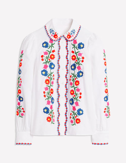 Embroidered Cotton Shirt-White, Floral Embroidery