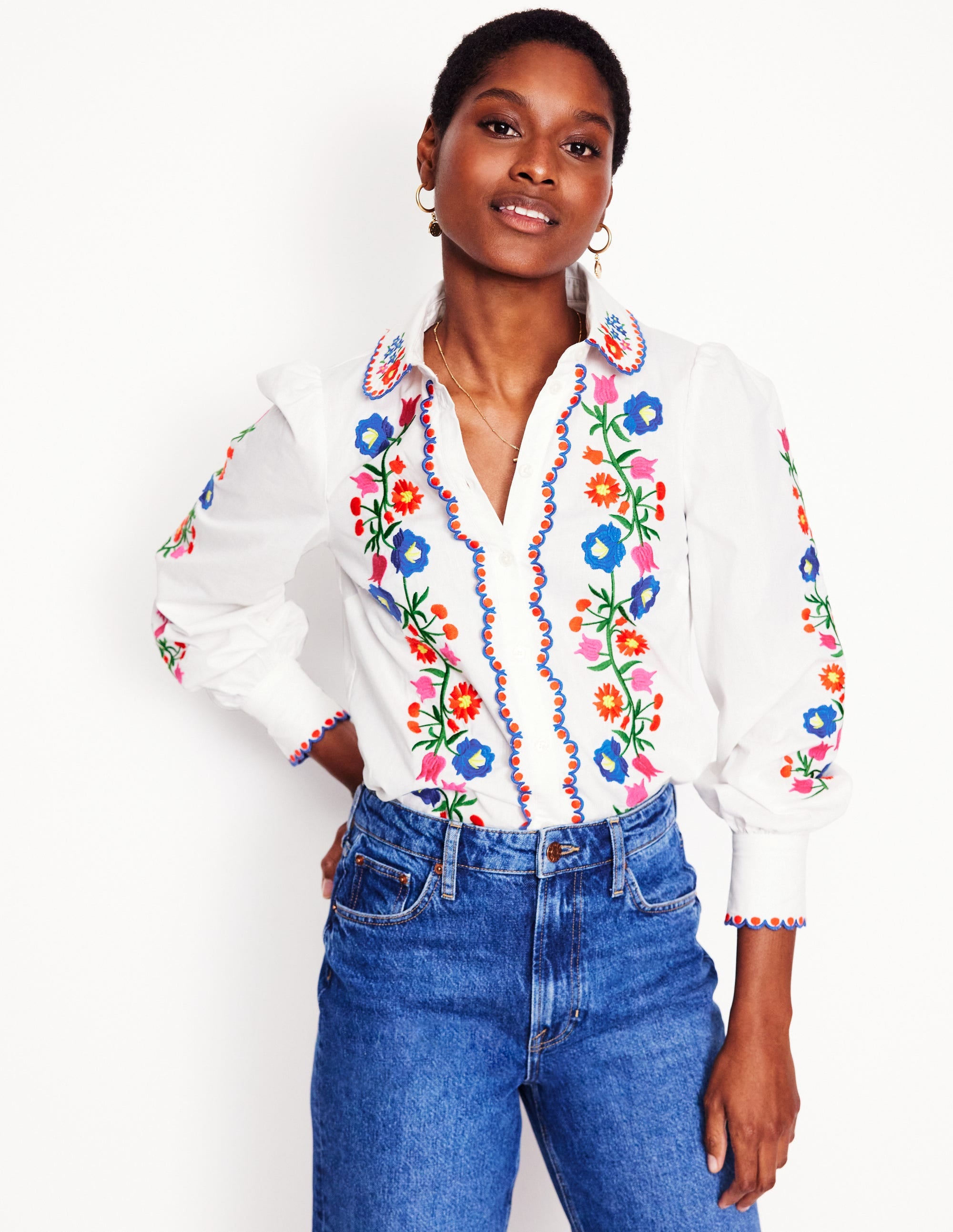 Embroidered Cotton Blouse-White, Floral Embroidery - Image 1