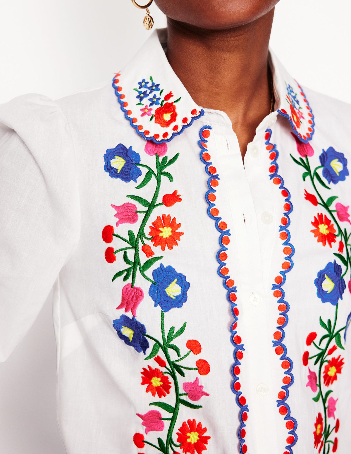 Embroidered Cotton Blouse-White, Floral Embroidery - Image 3