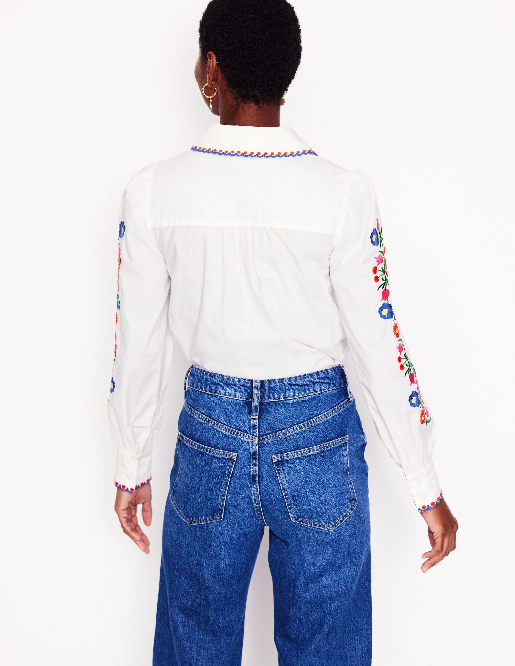 Embroidered Cotton Blouse-White, Floral Embroidery - Image 4