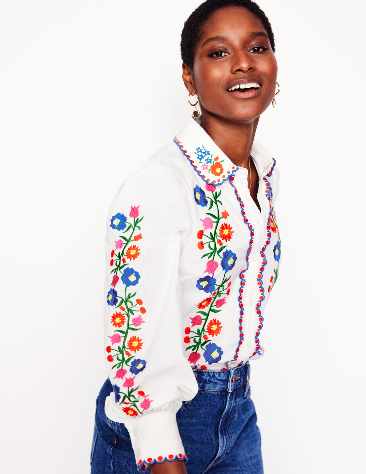 Embroidered Cotton Blouse-White, Floral Embroidery - Image 5